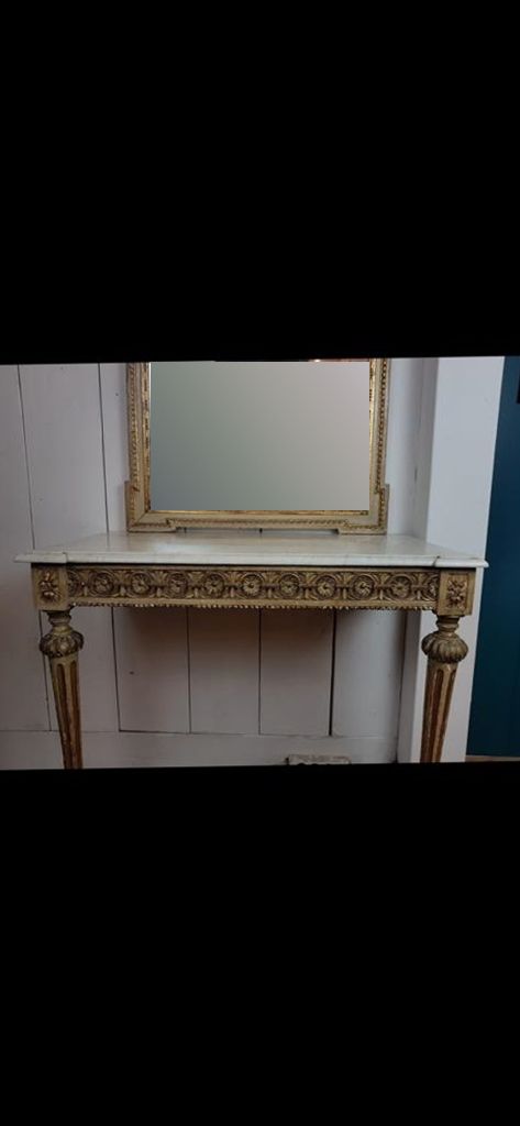 Louis XVI Style Console And Mirror   Slightly Veined White Marble   Gilding And Creamy White Patina photo for sale