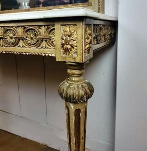 Louis XVI Style Console And Mirror   Slightly Veined White Marble   Gilding And Creamy White Patina photo 3500.0