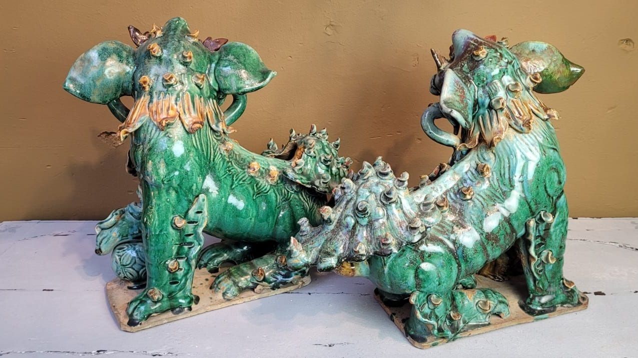 photo for sale Pair Of Glazed Ceramic Foo Dogs   First Half Of The 20th Century