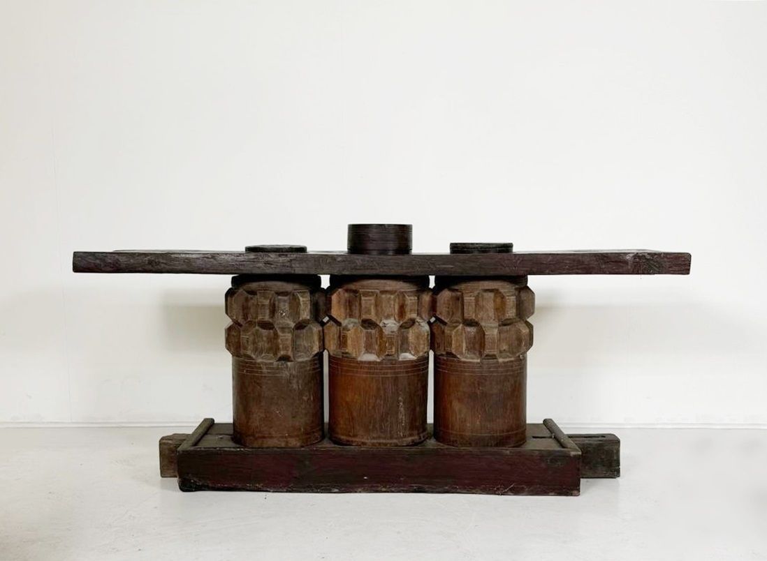 Wooden Console Made Of Sugar Cane Crusher Elements