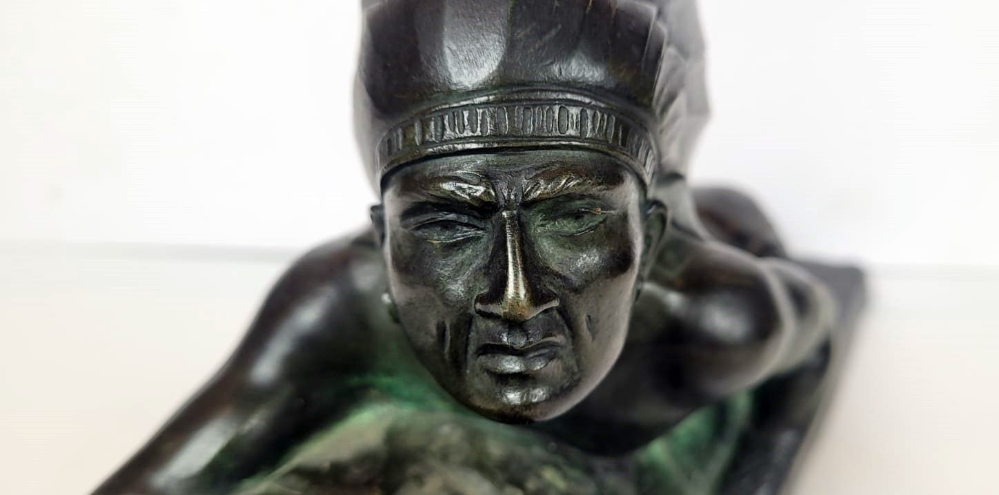 Art Deco Bronze Sculpture With Green Patina Representing An Indian On The Lookout. Signed E.Guy For Edouard Guy Du Passage (1872   1925)   France photo furniture