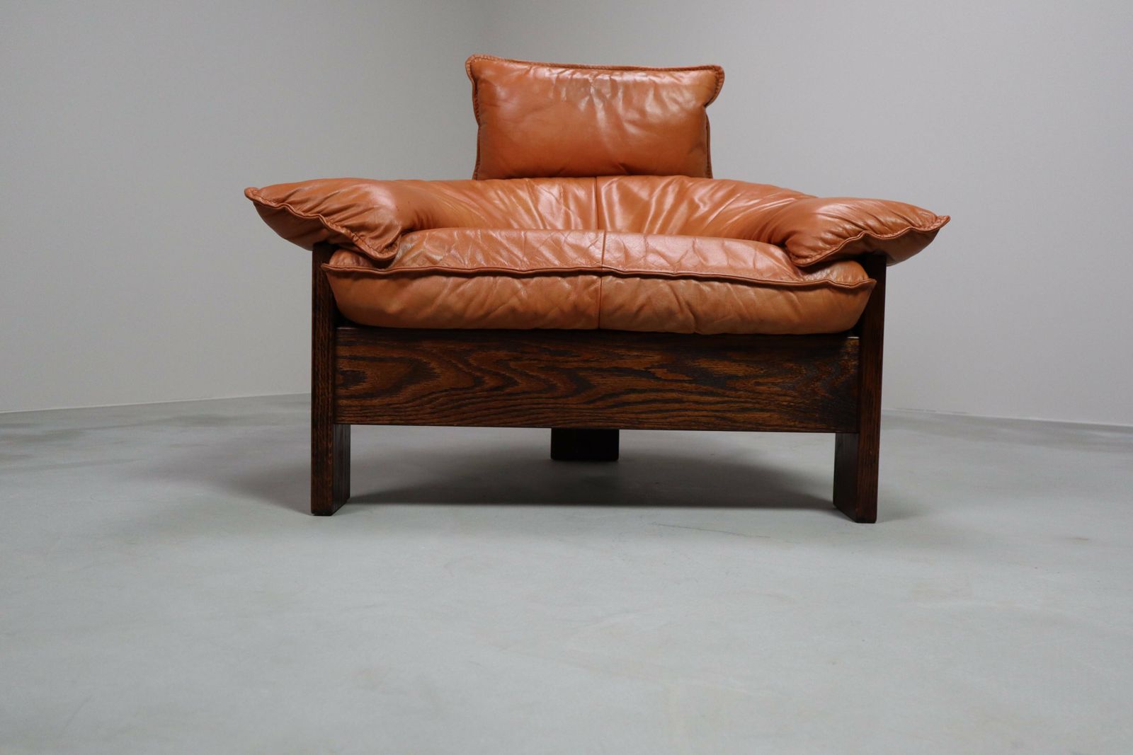 photo for sale Vintage Three Legged Lounge Chair In Leather, Rattan And Oak, Netherlands