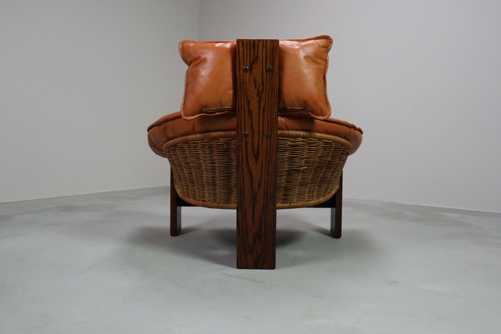 photo buy Vintage Three Legged Lounge Chair In Leather, Rattan And Oak, Netherlands