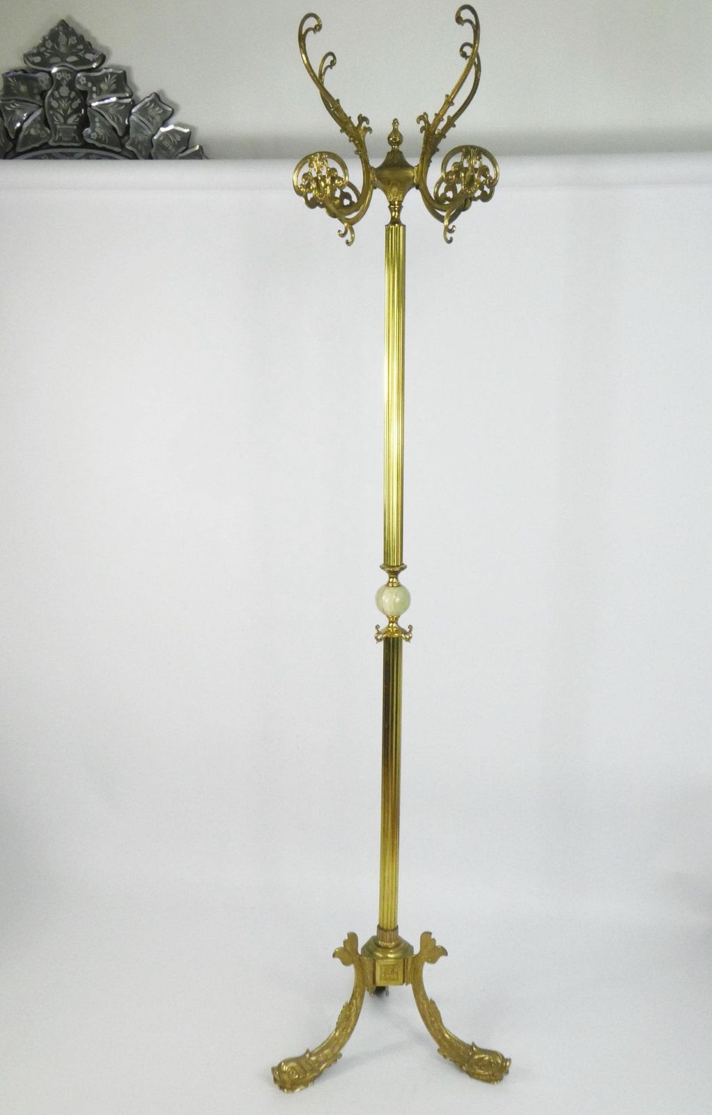 Unique Vintage Italian Brass Standing Coat Rack With Onyx Ball And Fish Figures, Hall Tree Free Standing Hollywood Regency Coat Hat Hanger photo vinterior