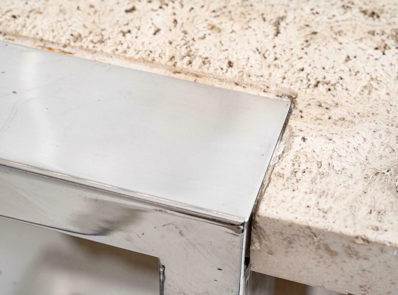 Large Chrome Plated Metal And Travertine Console Table, Italy, 1970. photo for sale
