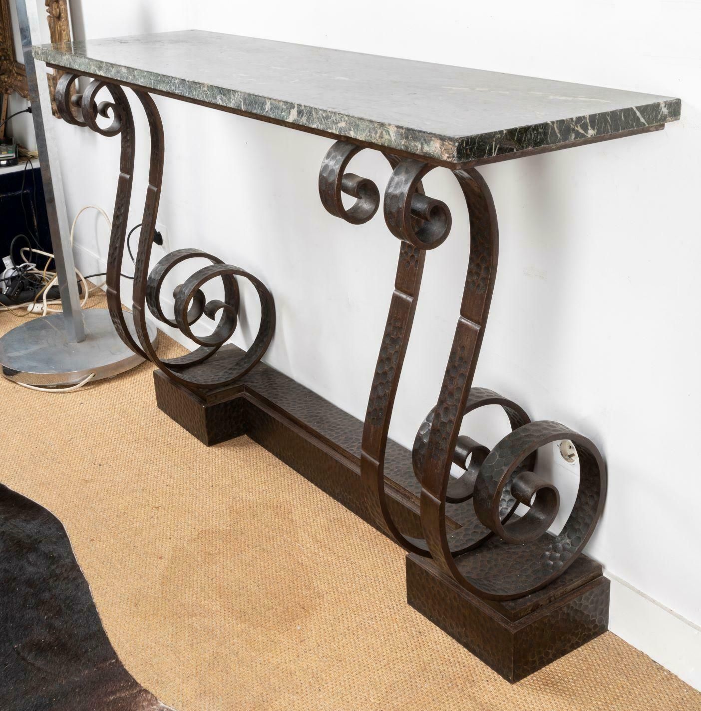 An Big Art Deco Console Table, 1930, In Wrought Iron With Marble Top. photo for sale