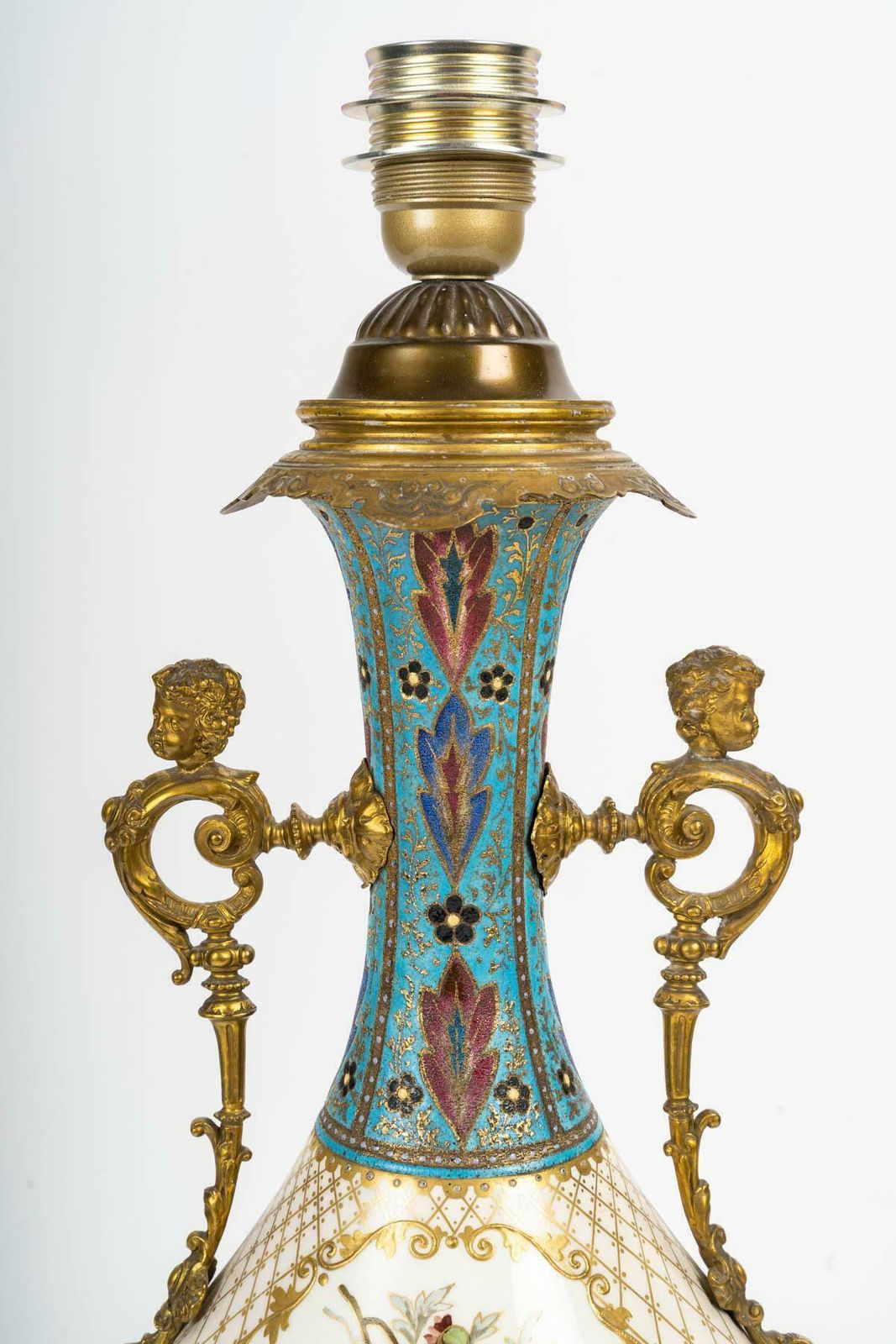 Porcelain And Gilt Brass Lamp, German Work, 19th Century, Napoleon III Period. photo for sale