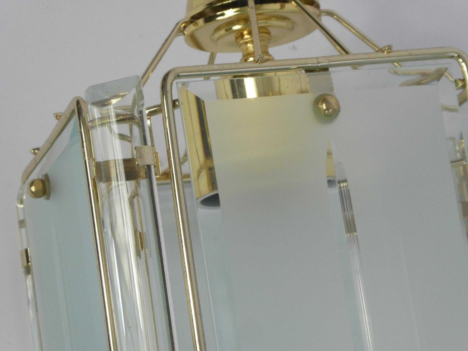 Vintage Italian Hanging Lamp With Glass Shade, Mid Century Beveled Glass Chandelier With Brass, Crystal Modern Lamp 70's photo vinterior