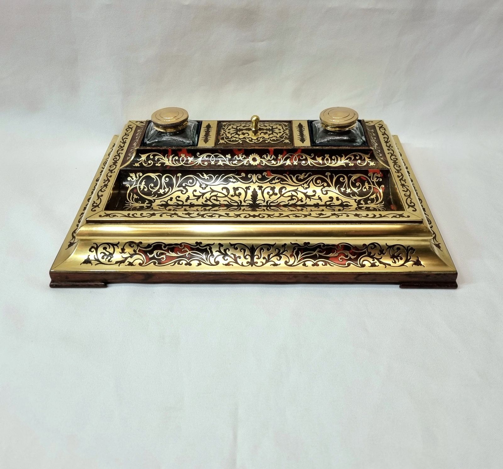 Sensational French Napoleon III Antique Boulle Work Inkstand With Twin Inkwell Inserts, Stamp Compartment And A Generously Sized Pen Well. photo furniture