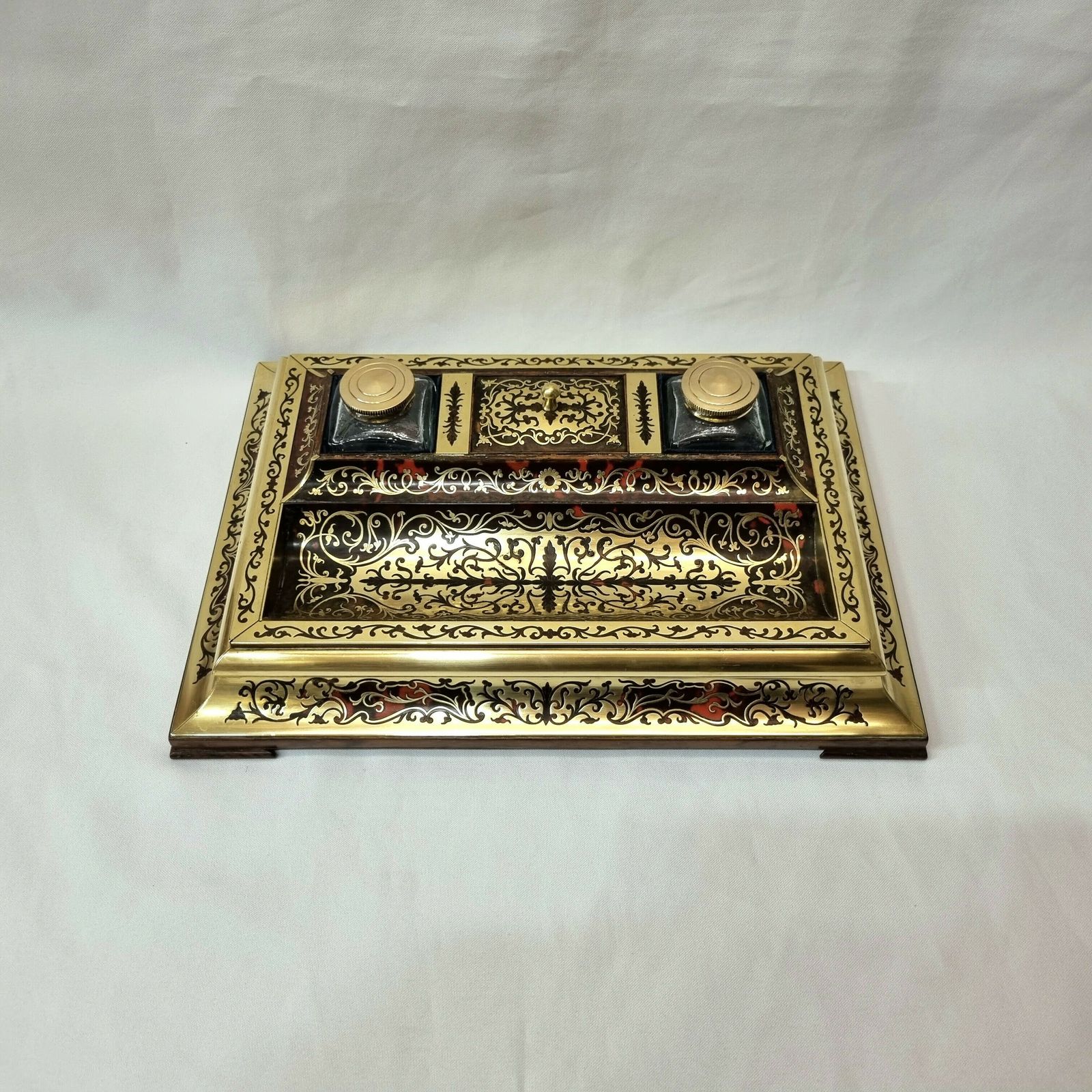 Sensational French Napoleon III Antique Boulle Work Inkstand With Twin Inkwell Inserts, Stamp Compartment And A Generously Sized Pen Well. photo 1220.0