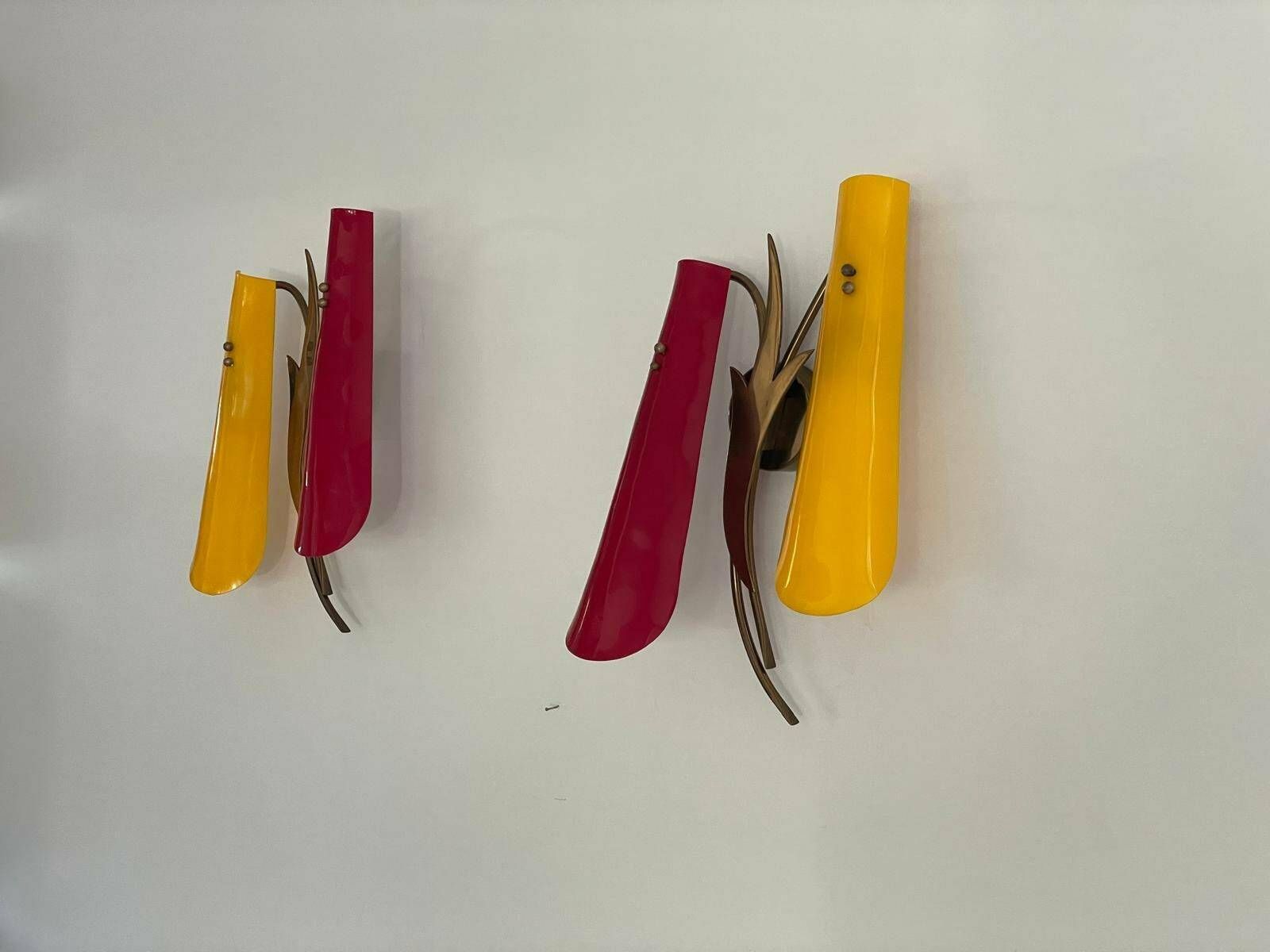 Red And Yellow Plexiglass Shade And Brass Pair Of Sconces, 1950s, Italy