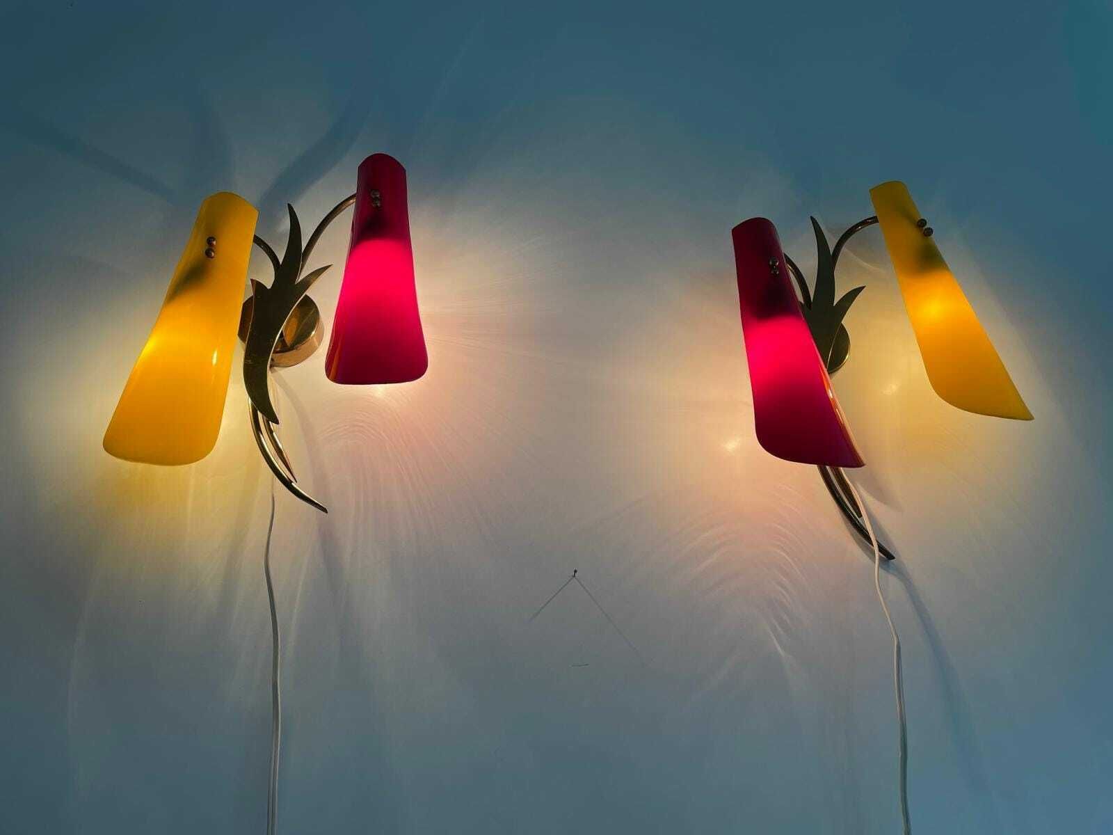 Red And Yellow Plexiglass Shade And Brass Pair Of Sconces, 1950s, Italy photo buy