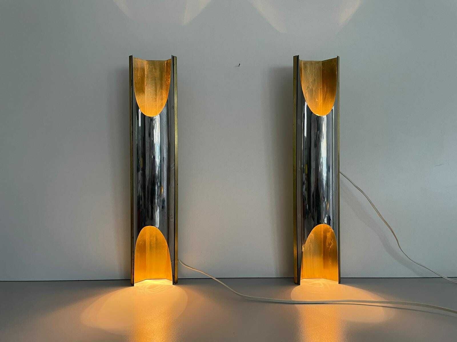 Italian Elegant Chrome And Gold Metal Pair Of Wall Lamps, 1960s, Italy photo Lighting