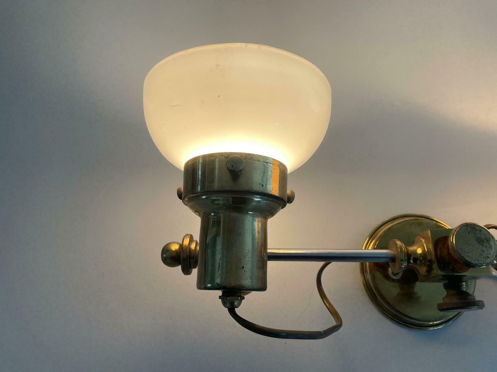 photo furniture Mid Century Modern 2 Head Opaline Glass And Brass Wall Lamp, 1960s, Italy