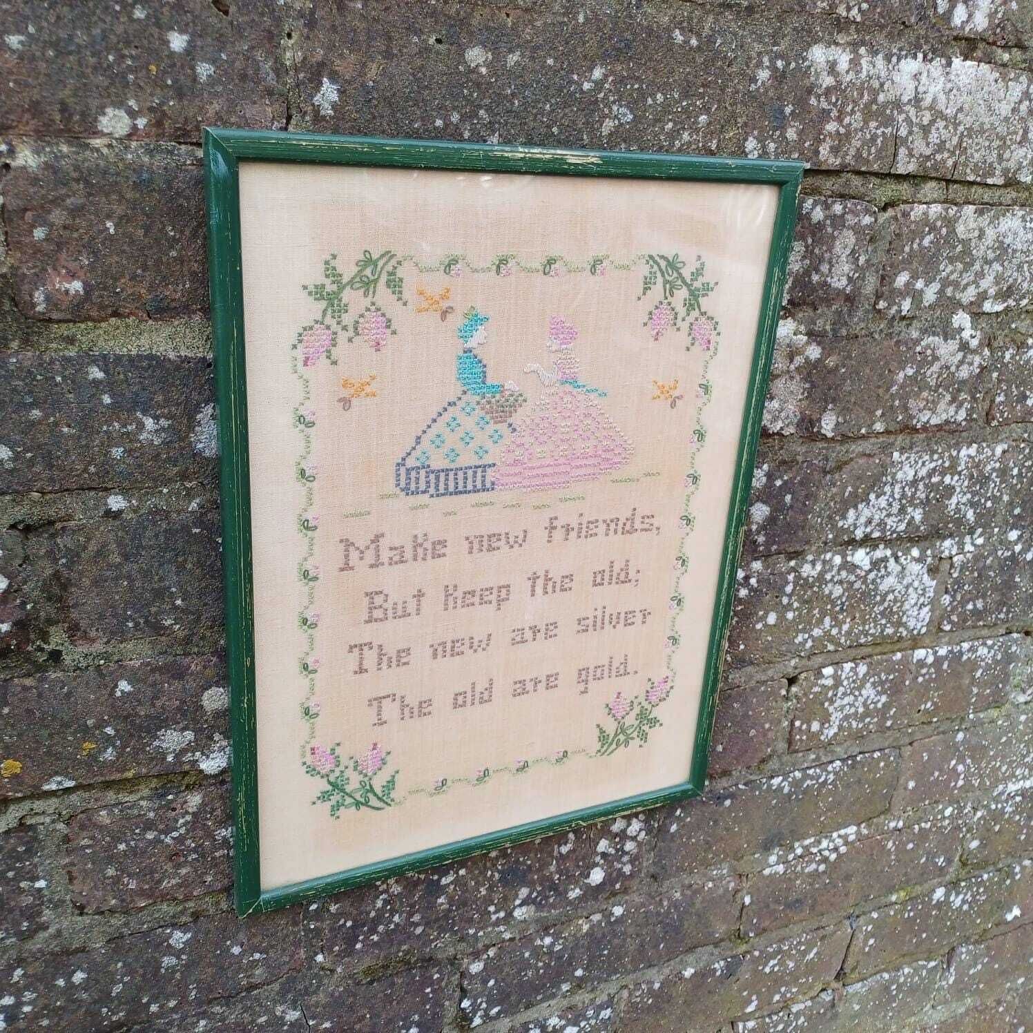 Antique Cross Stitch (Needlework) Of Friends Saying   Vintage Glazed Frame photo for sale