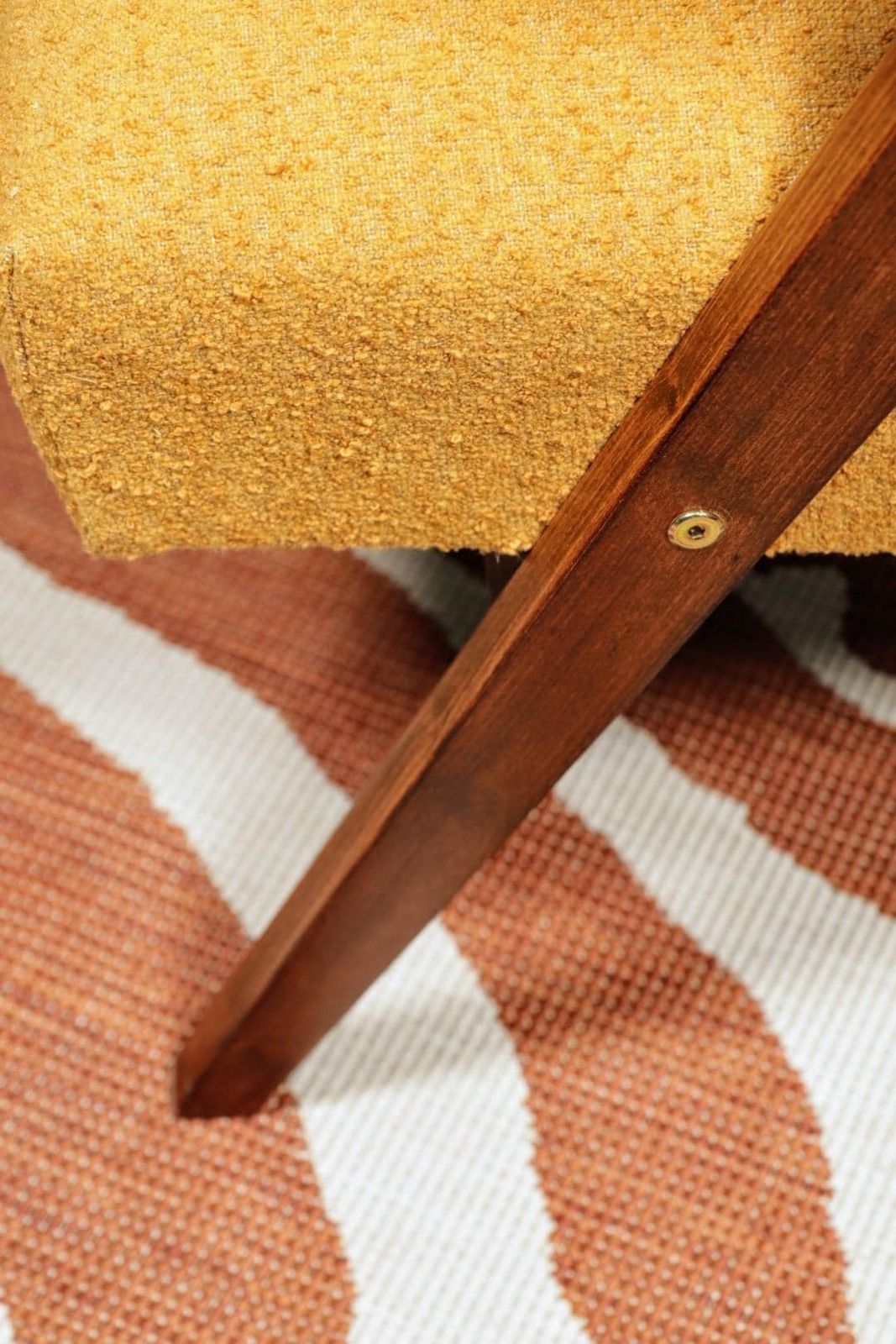 Mid   Century Armchair Yellow Color Boucle Scandinavian Design Wooden Lounge Chair photo vintage