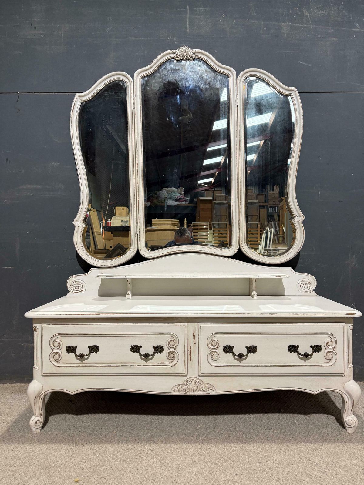 Vintage Painted French Low Dressing Table 2 Drawers & 3 Way Mirror