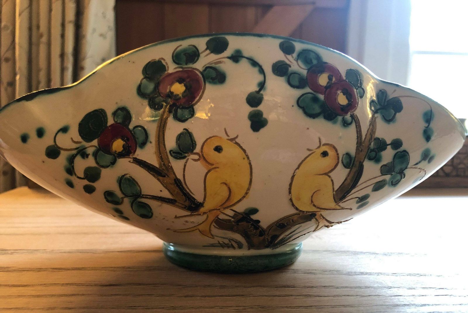 Vintage Hand Painted Italian Ceramic Yellow Singing Birds Fluted Elliptical Serving Bowl Dish Or Vase Circa Midcentrury photo buy