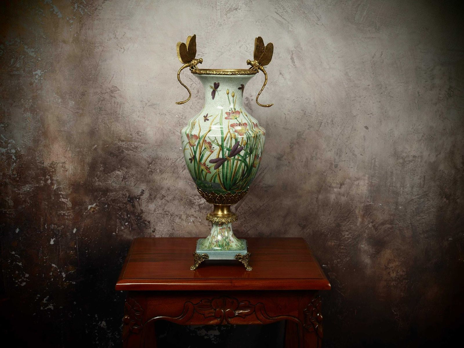 Beautiful Porcelain Vase With Bronze Dragonfly Accents