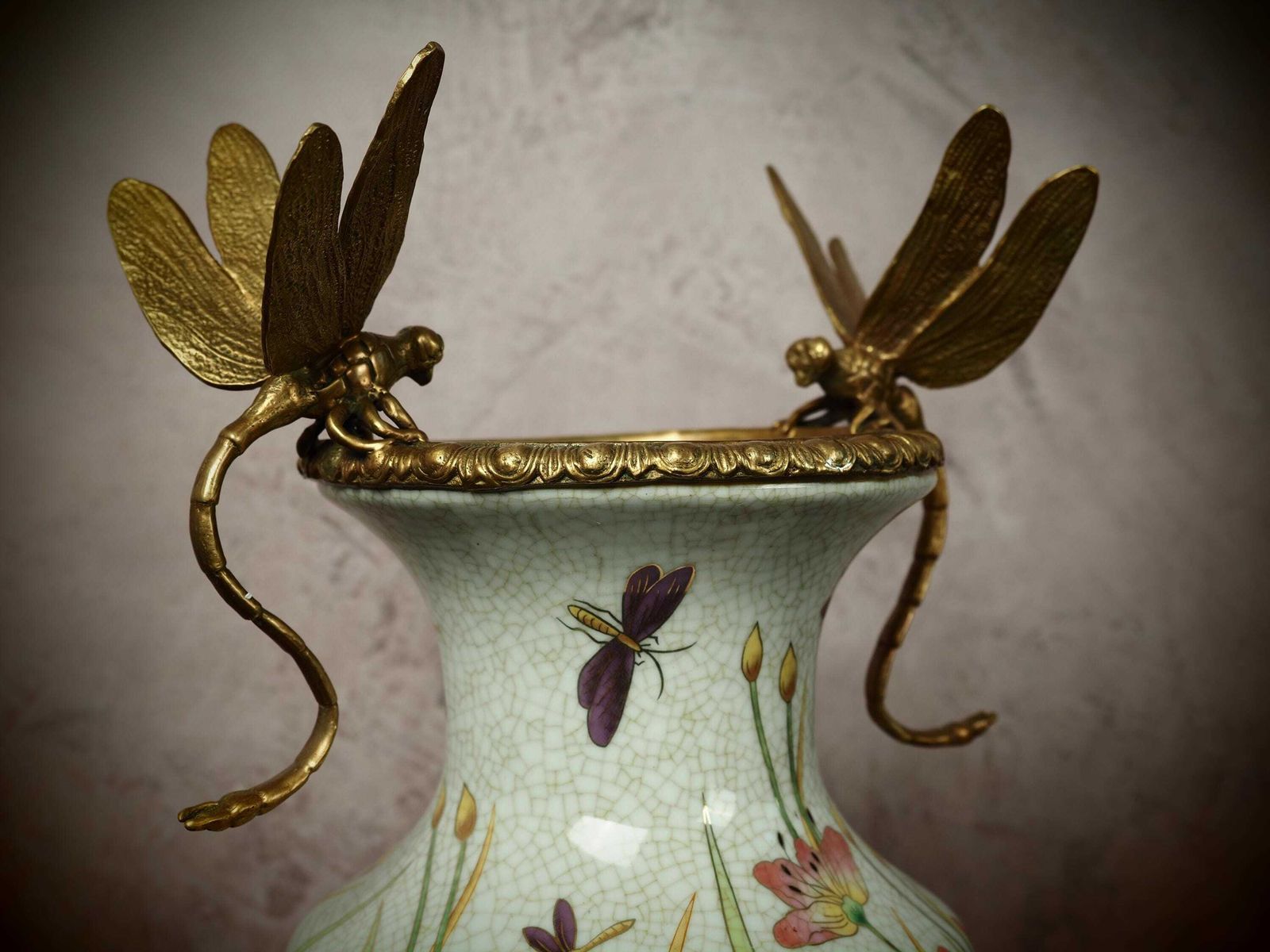 Beautiful Porcelain Vase With Bronze Dragonfly Accents photo Home Decor