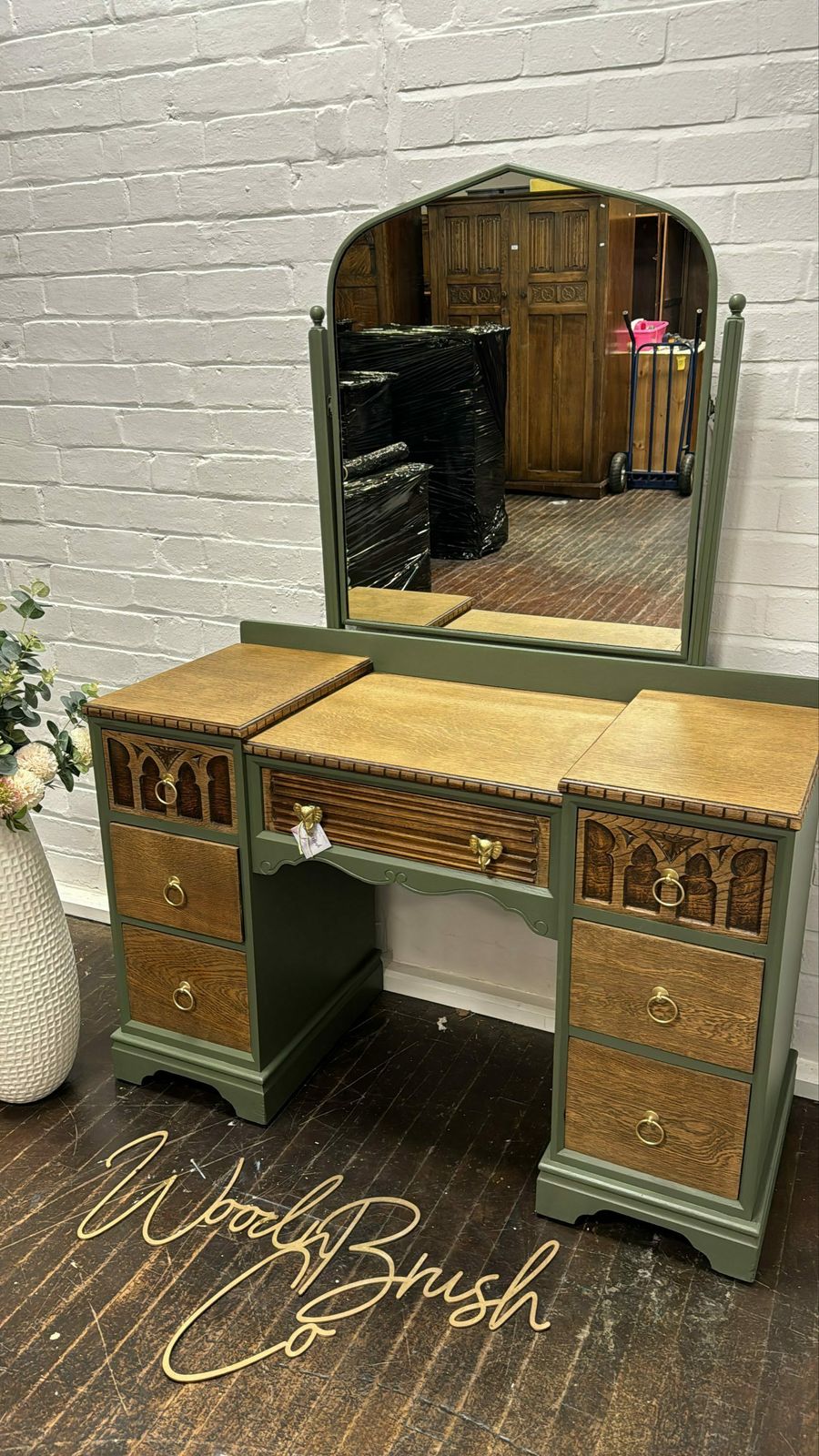 Beautiful Vintage Oak Linenfold Carved Old Charm Dressing Table And Mirror Green Gold photo furniture