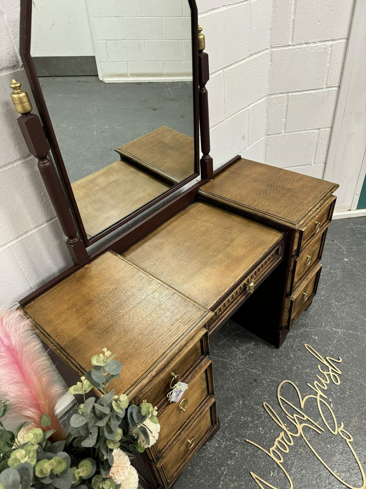 Beautiful Vintage Oak Linenfold Carved Old Charm Dressing Table And Mirror Green Gold photo 500.0