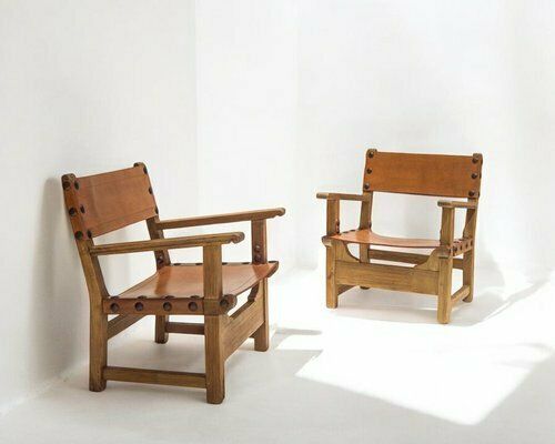 Mid Century Spanish Brutalist Armchairs In Cognac Leather, 1950s, Set Of 2 photo for sale