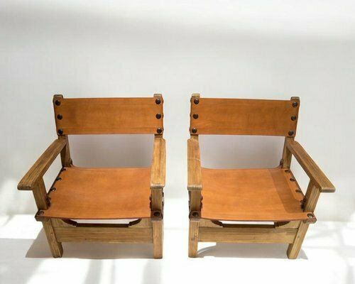 photo furniture Mid Century Spanish Brutalist Armchairs In Cognac Leather, 1950s, Set Of 2