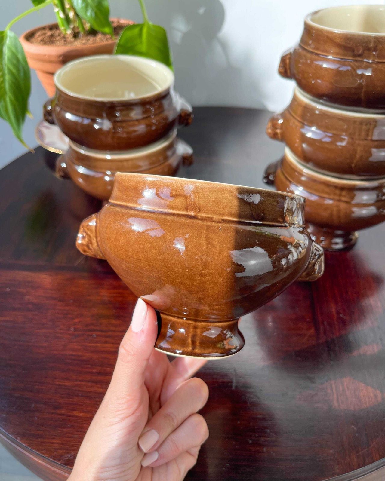 6 Vintage Emile Henry Lion Head Soup Bowls   Brown Ceramic, Made In France   Elegant And Traditional French Design For Your Recipes photo 62.0
