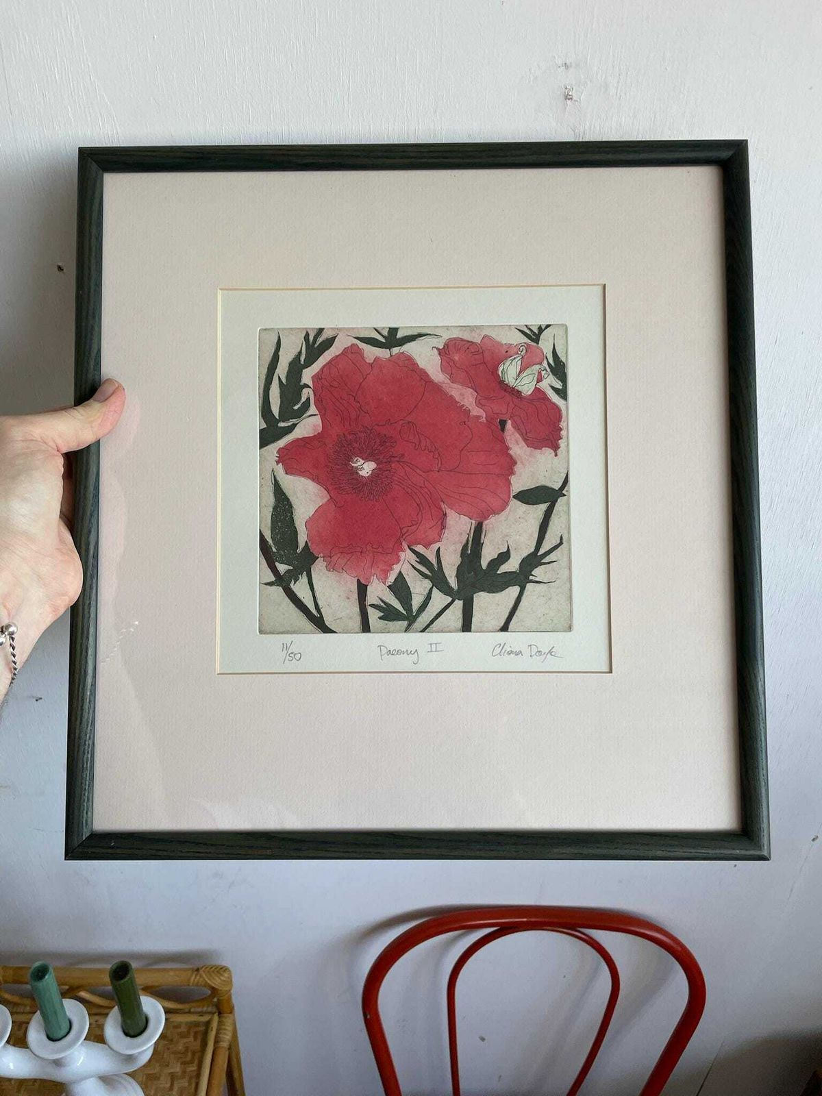 Cliona Doyle Framed Art Etching Print Of Paeony 2 Red Green Floral Thin Green Frame photo vinterior