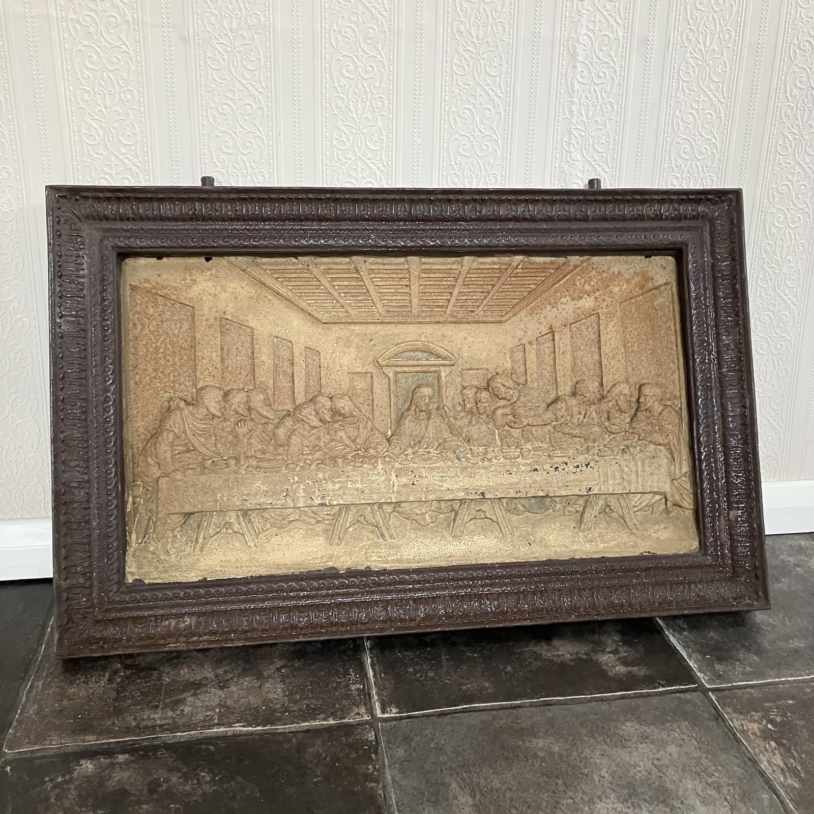 Antique Salvaged 19th Century Framed Cast Iron Relief Panel Of Da Vinci's The Last Supper photo furniture