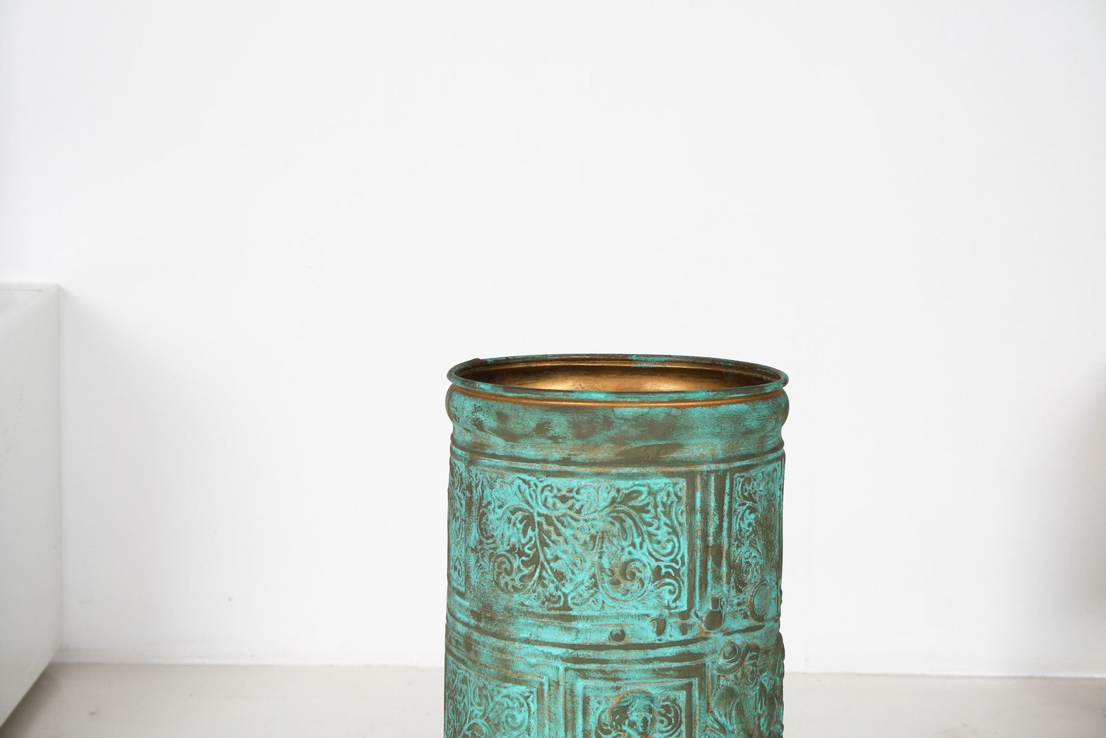 photo furniture 1950s Brass Stick Umbrella Stand Pot With Verdigris Copper Patina