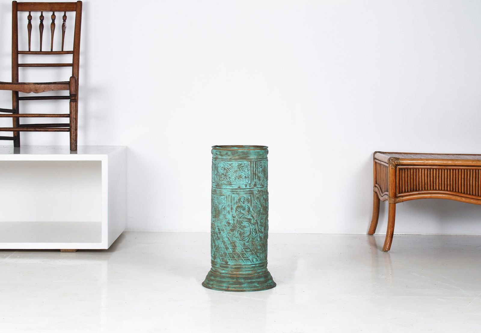 photo for sale 1950s Brass Stick Umbrella Stand Pot With Verdigris Copper Patina