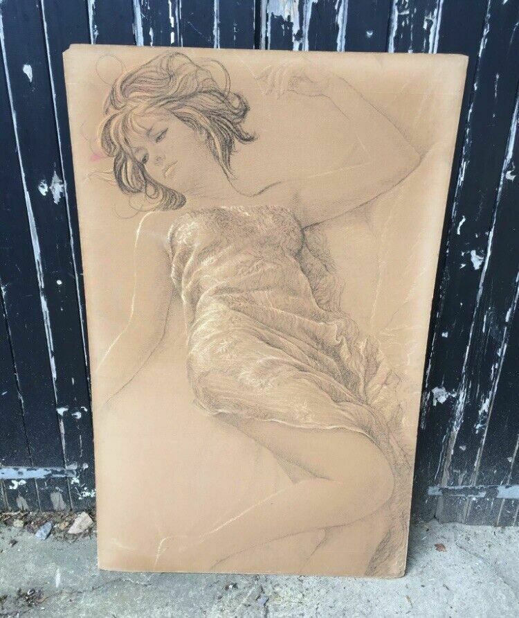 Original Mid Century Painting Nicholas Egon Chalk Portrait Life Drawing 1960s photo furniture