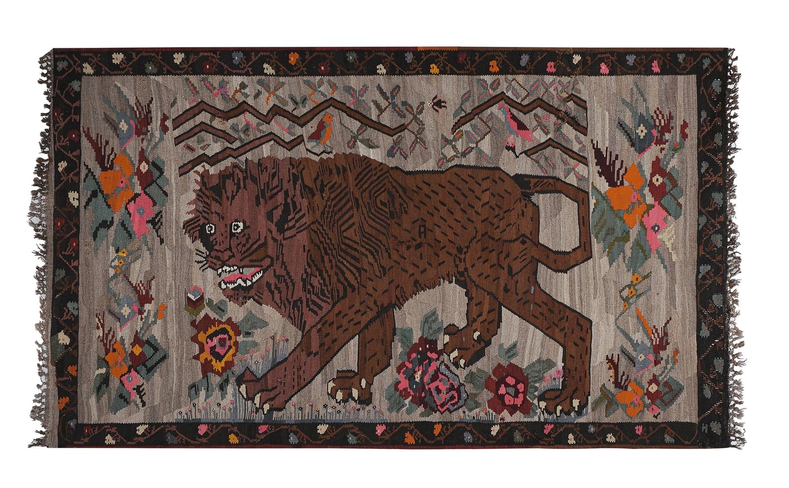 Vintage Anatolian Gabbeh Lion Kilim Rug 6'6'' X 11'1''
