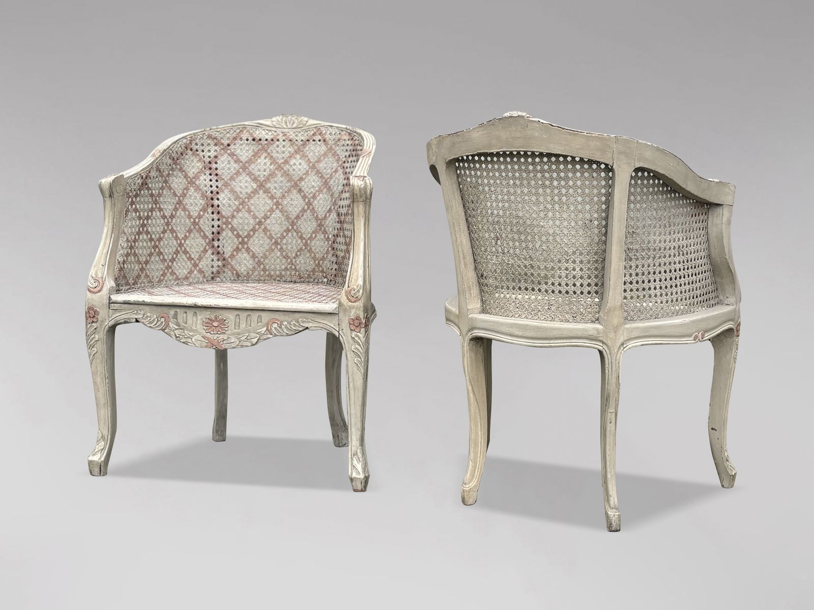 Pair Of French Louis XV Style Painted And Cane Bergère Armchairs photo vinterior
