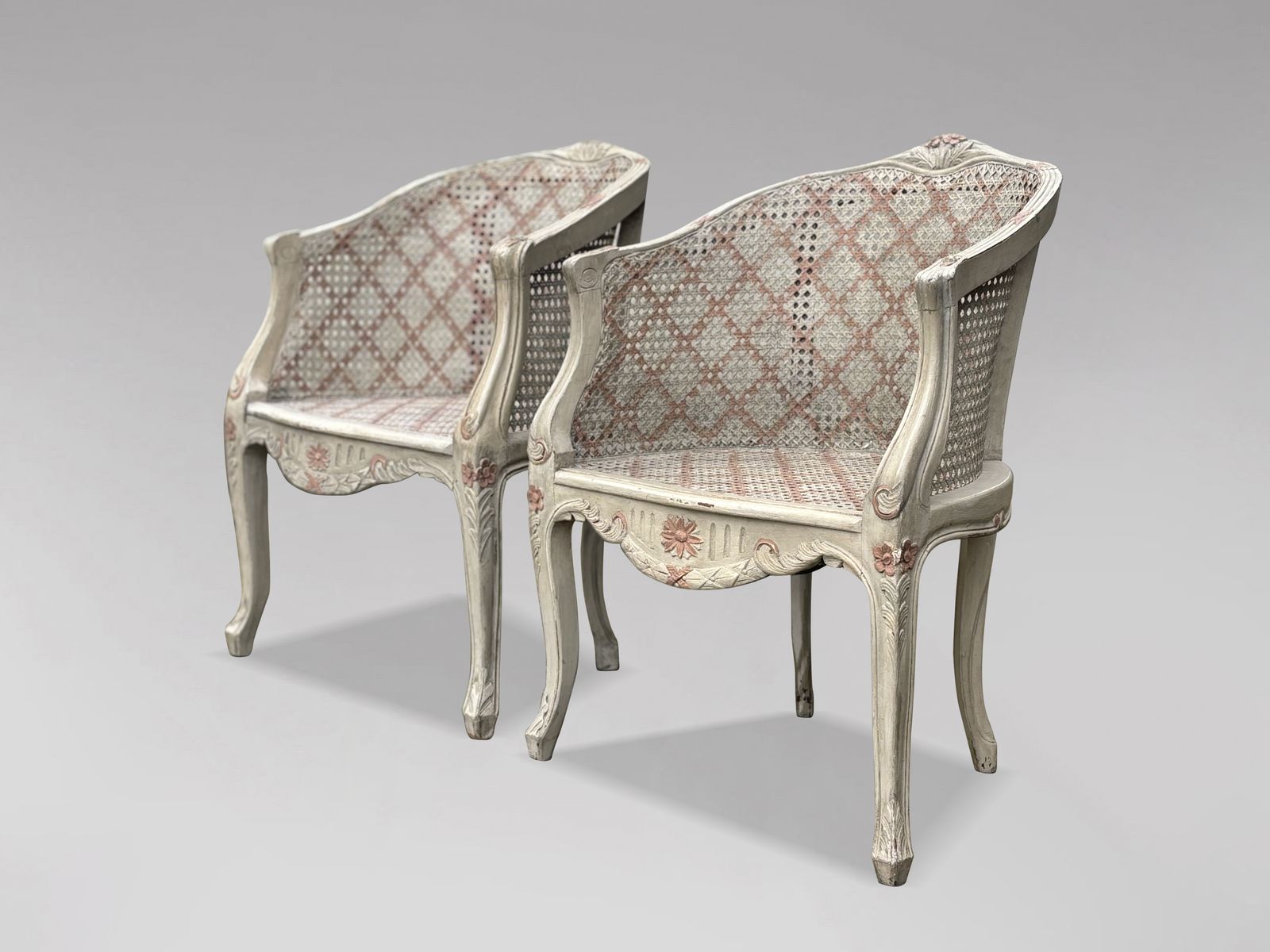 Pair Of French Louis XV Style Painted And Cane Bergère Armchairs photo vintage