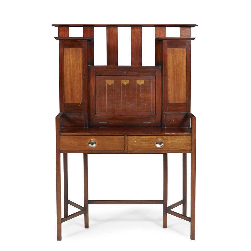 George Montague Ellwood Arts & Crafts Mahogany And Inlaid Secretaire C.1900 photo furniture
