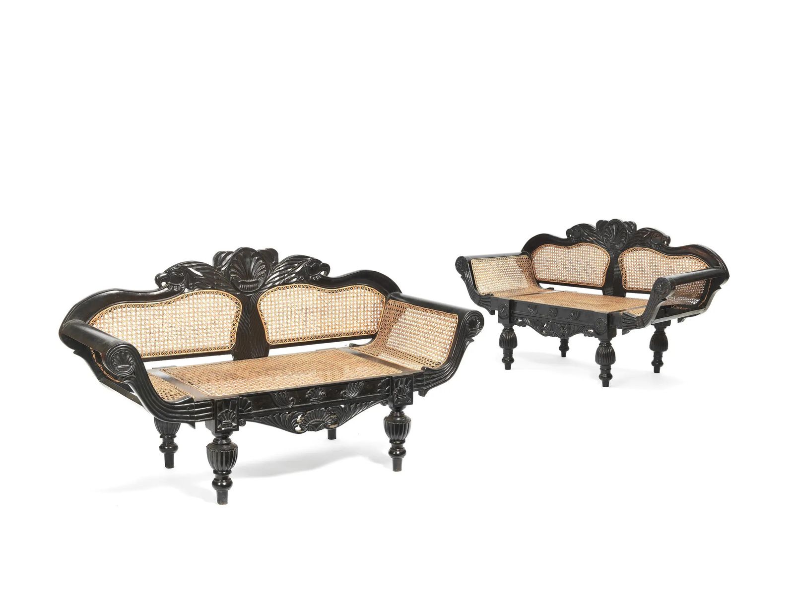 A Pair Of Ceylonese 19th Century Carved Ebony Caned Window Seats