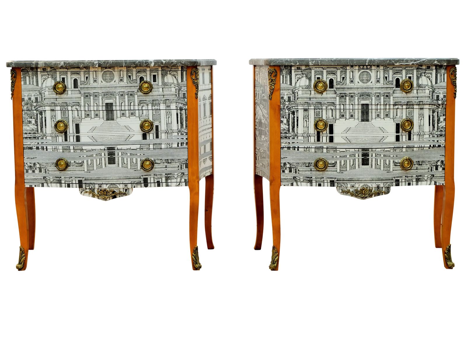 Pair Of Louis XV Style Chest With Fornasetti Pattern Of Ancient Rome And Grey Marble Top