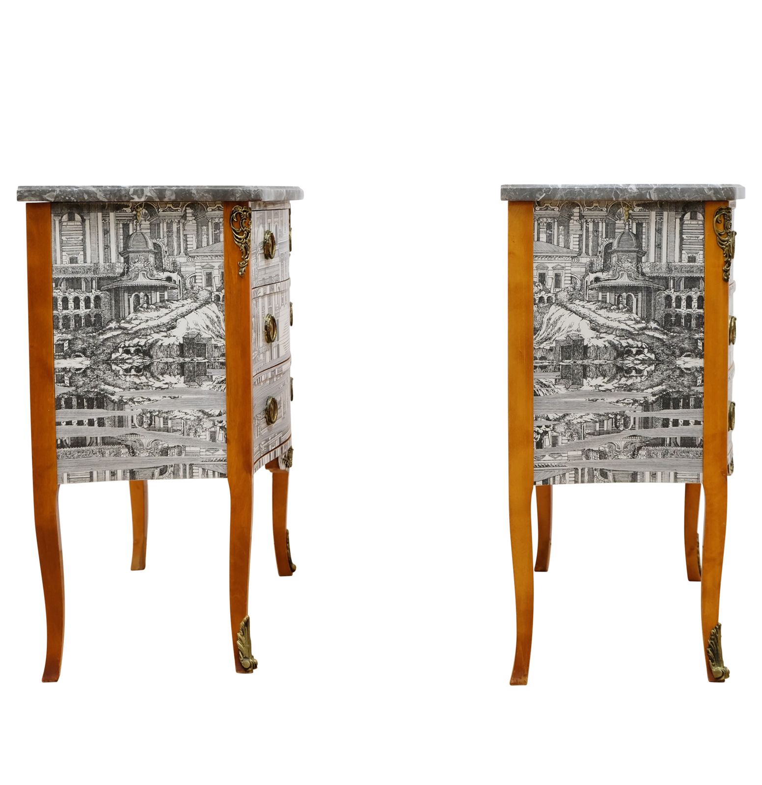 Pair Of Louis XV Style Chest With Fornasetti Pattern Of Ancient Rome And Grey Marble Top photo Furniture