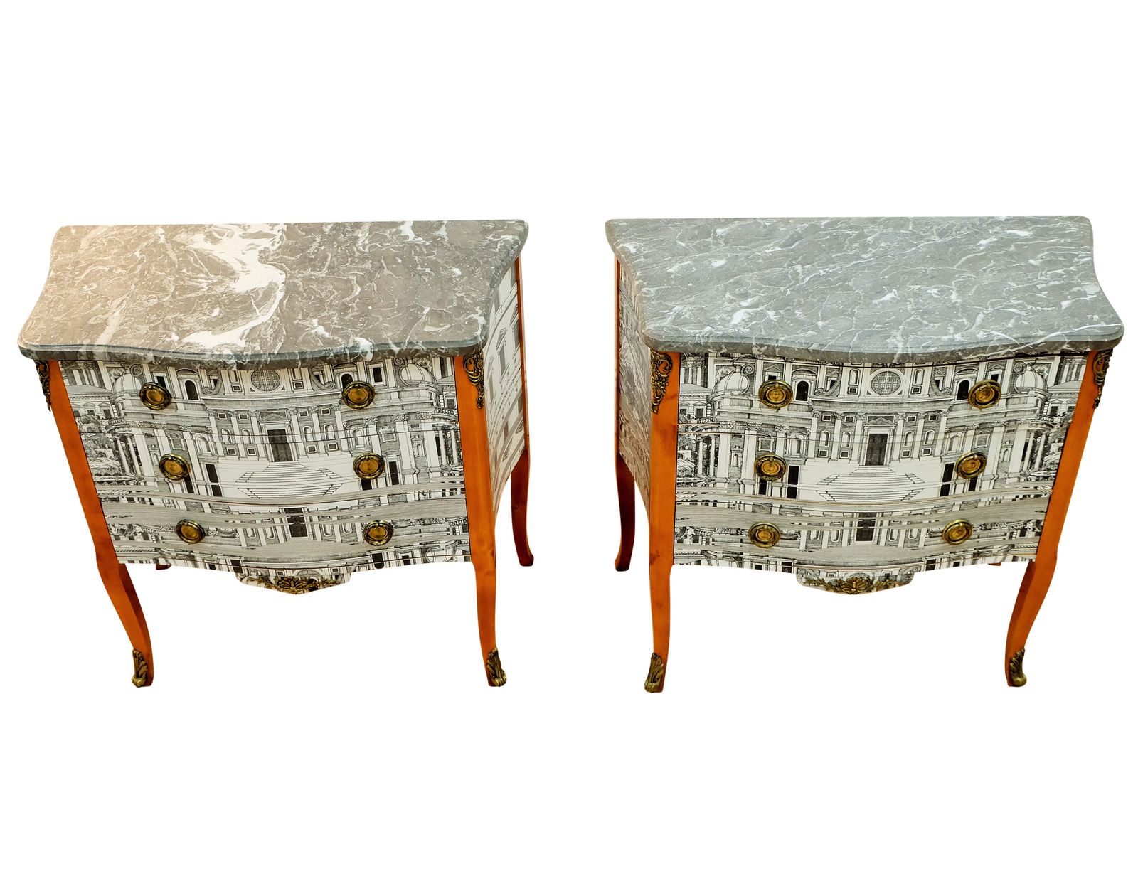 Pair Of Louis XV Style Chest With Fornasetti Pattern Of Ancient Rome And Grey Marble Top photo buy