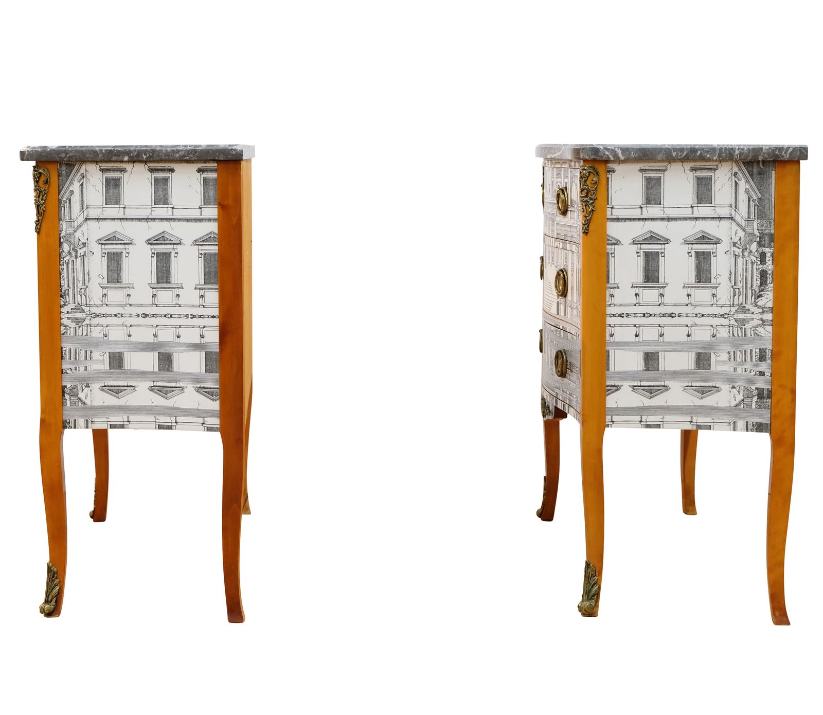 Pair Of Louis XV Style Chest With Fornasetti Pattern Of Ancient Rome And Grey Marble Top photo vintage