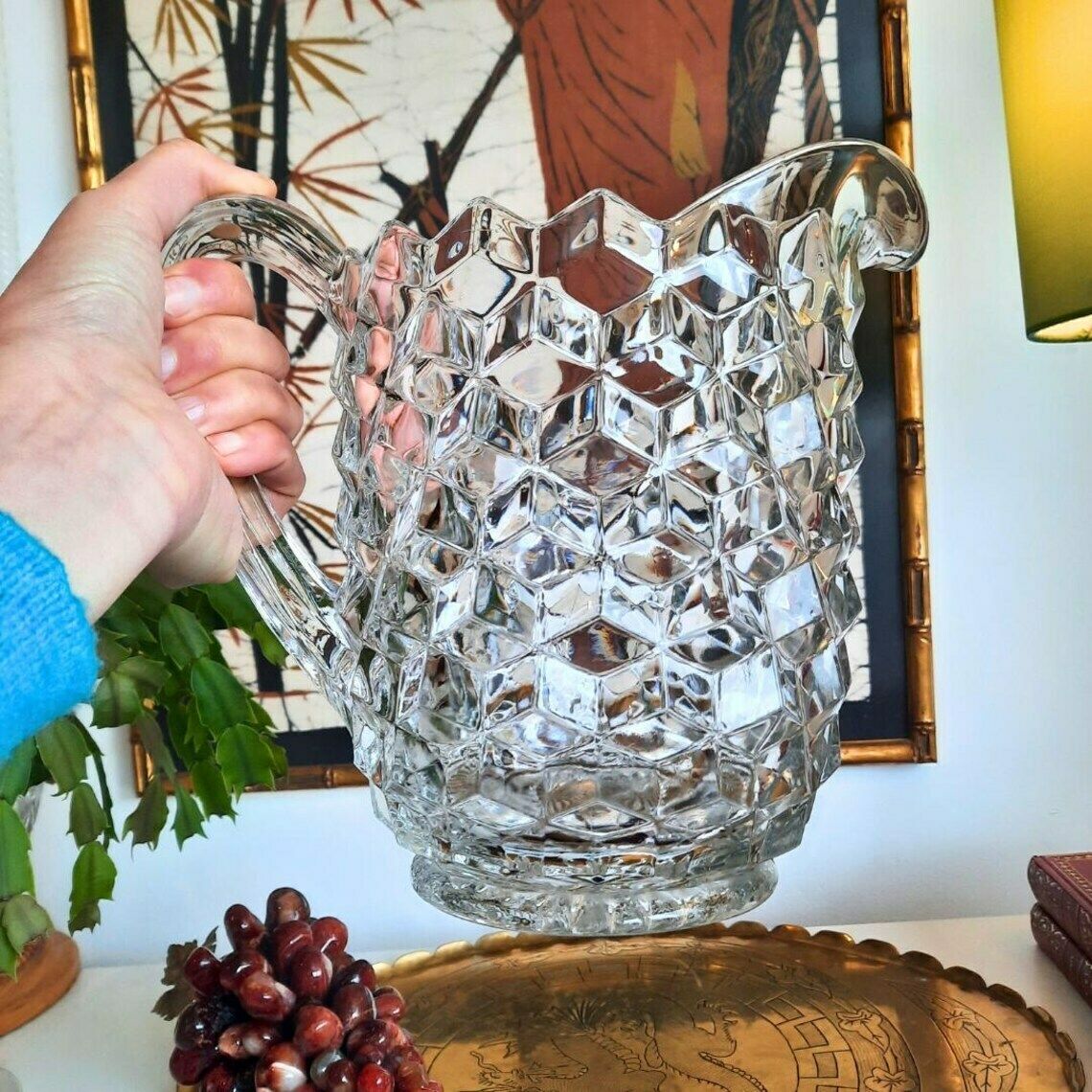 Large Fostoria American Clear Glass Pitcher Jug 8'' Tall 2 Litres, Granma Chic Large Cubes Pitcher photo furniture