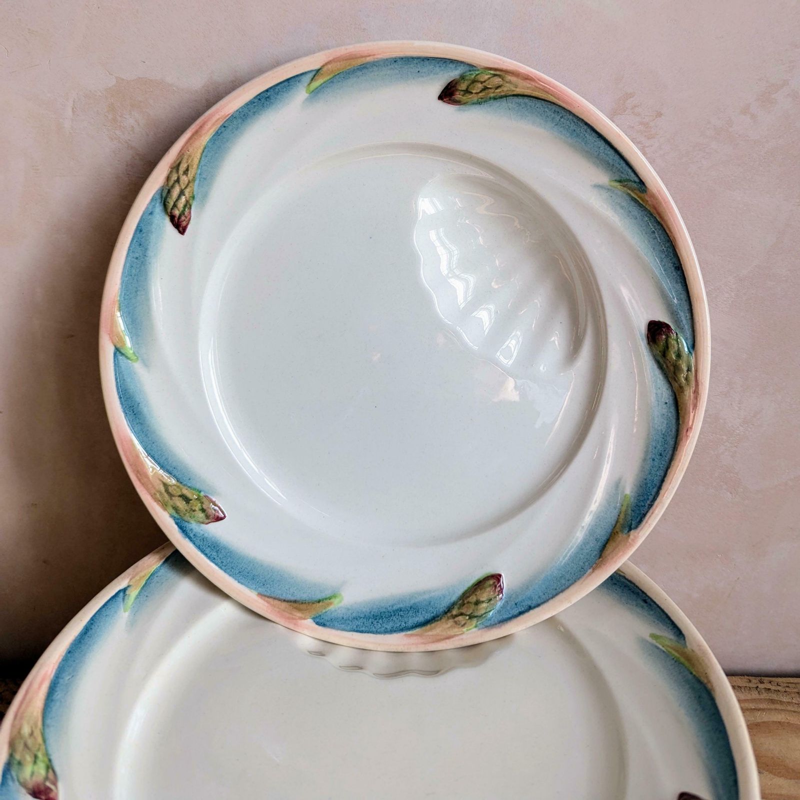 Antique French Majolica Asparagus Plates   6 X Antique Hand Painted Sarreguemines Asparagus Plates C1900 photo furniture