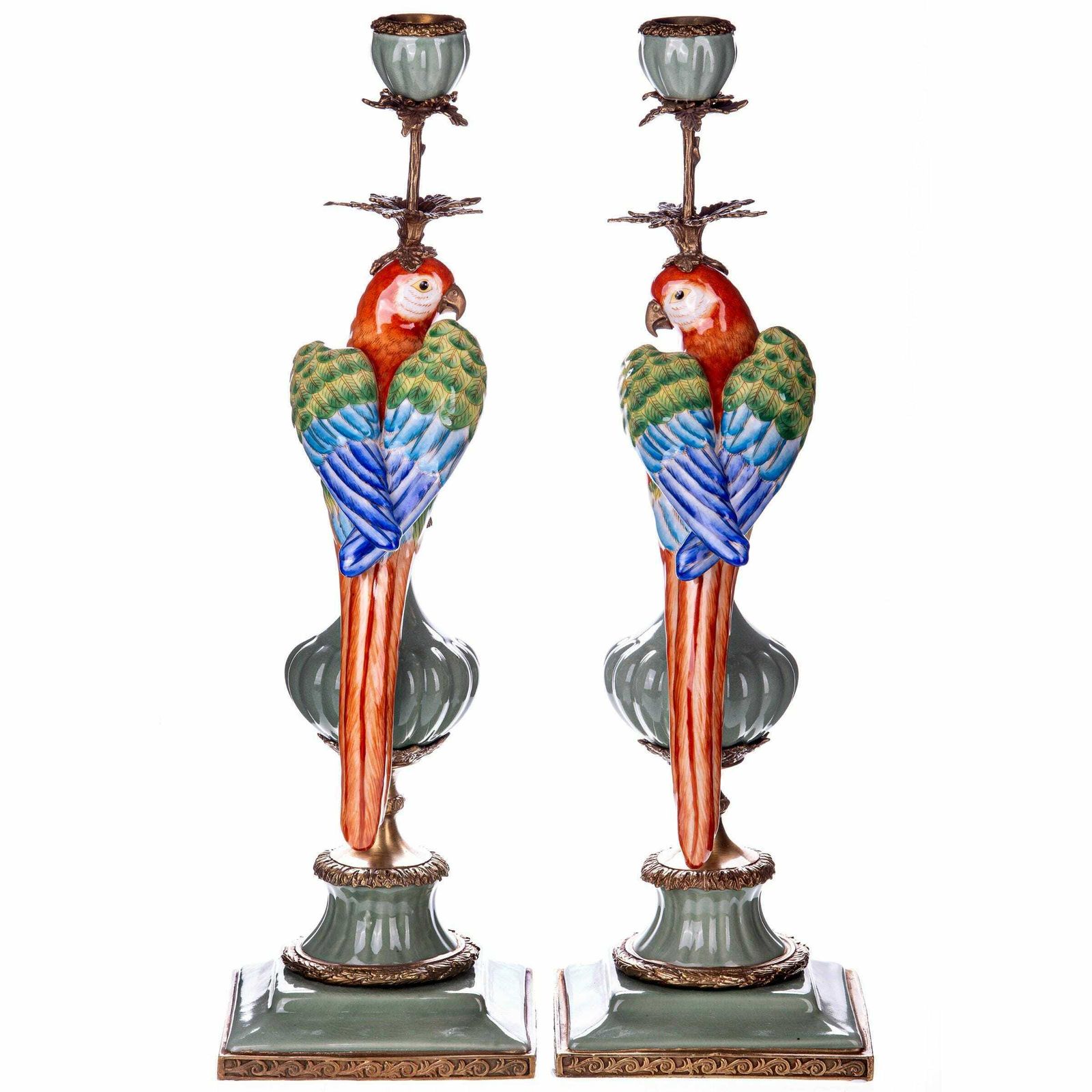 Porseleinen en bronzen papegaai kandelaars – set van 2, geschikt als cadeau voor verzamelaars en bijzondere gelegenheden photo for sale