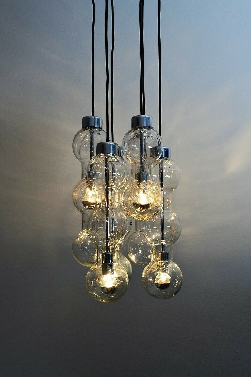 Lighting German Bubble Ice Glass And Chrome Cascade Chandelier Or Pendant Lamp By Doria, 1980 photo