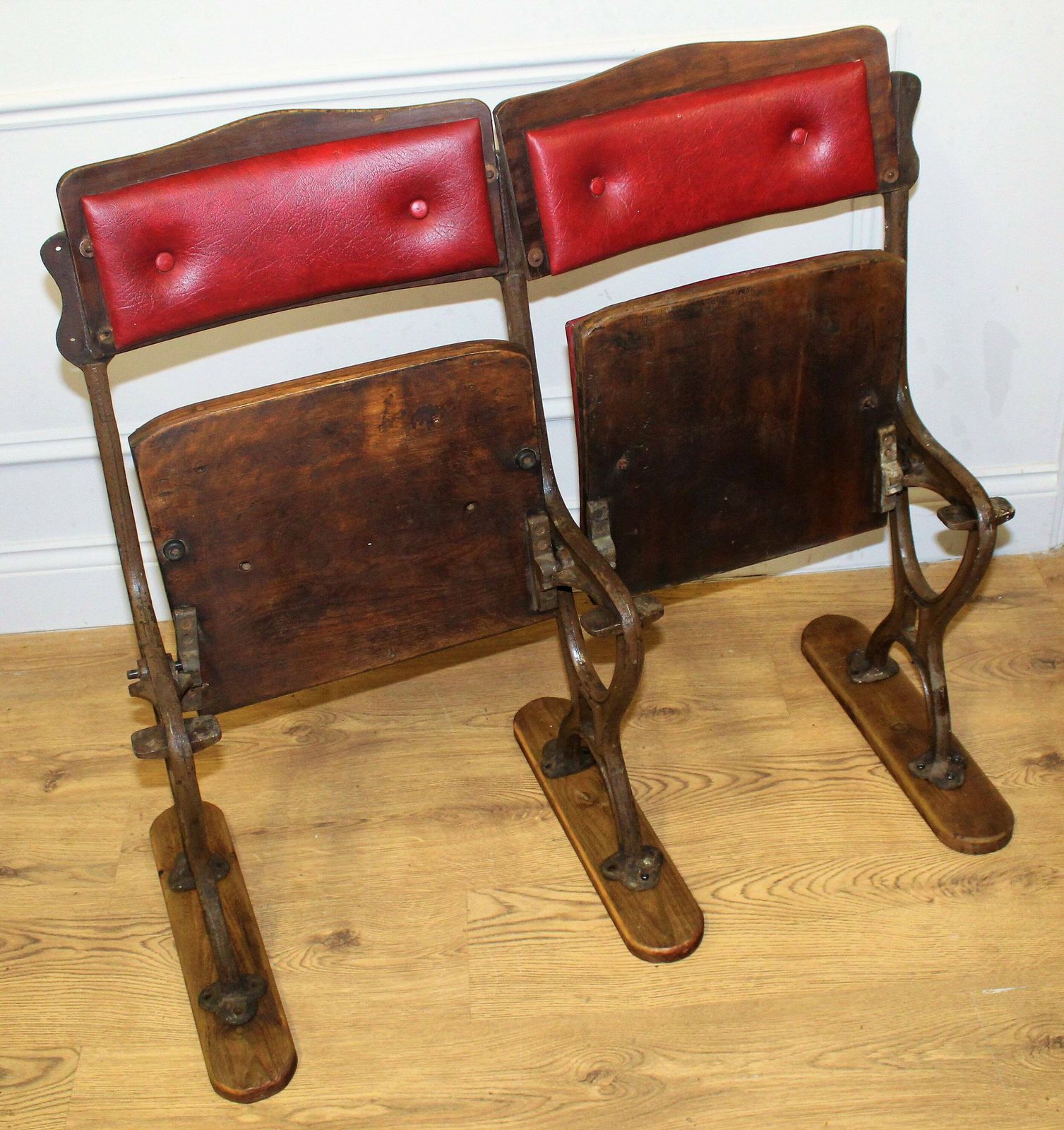 Vintage Two Seater Folding Theatre Cinema Chairs Antique Industrial Retro Hall Hallway Opera Stacking Art Deco photo furniture