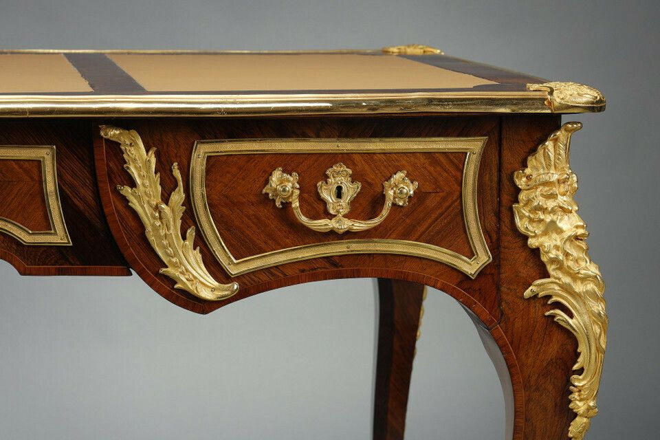 Furniture Louis XV Style Flat Desk In Marquetry And Rich Gilt Bronze Mountings photo