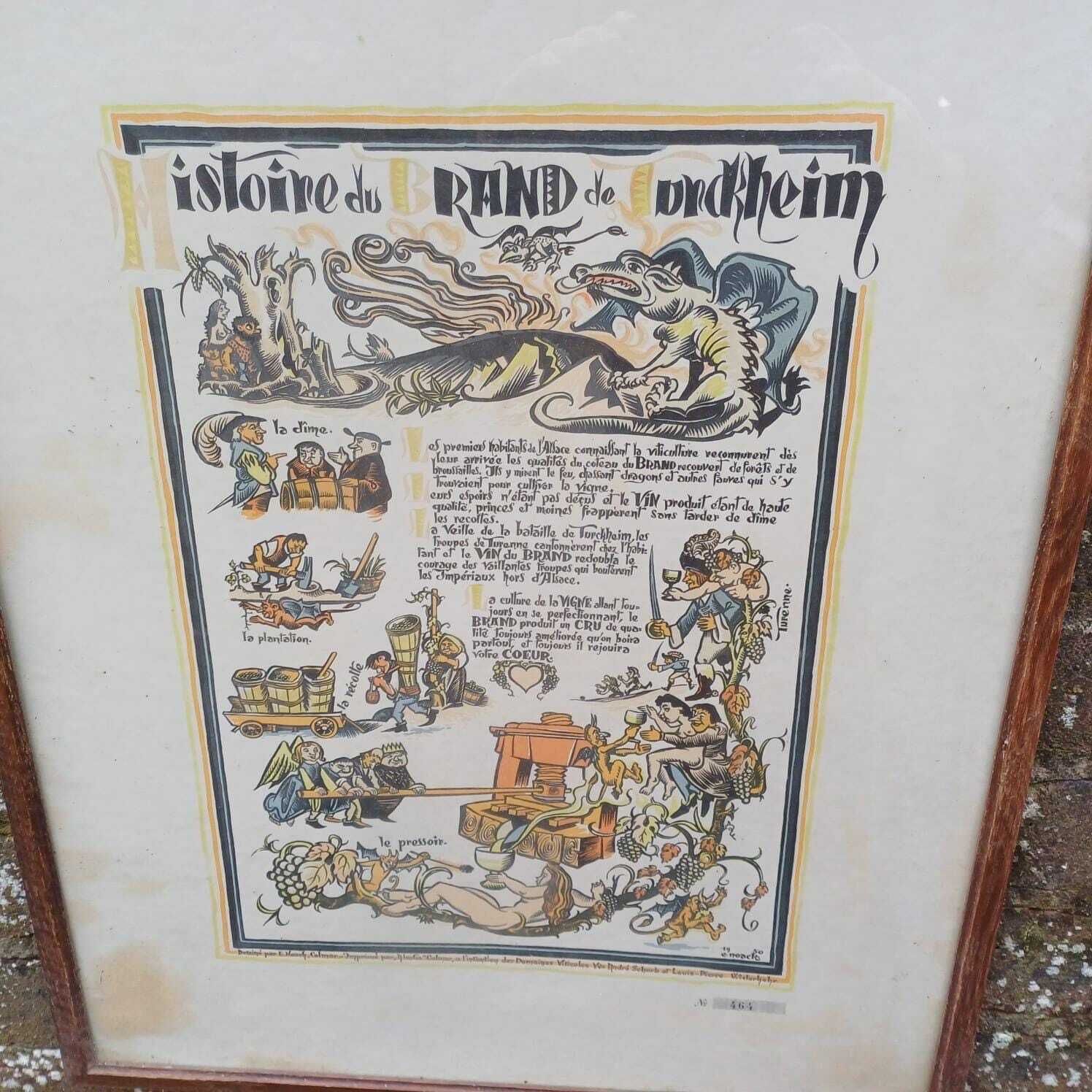 1950 Lithograph By Eugene Noack, Histoire Du Brand De Truckheim, French Alsace Vineyard Promotion   Limited Edition Framed Vintage Print photo for sale